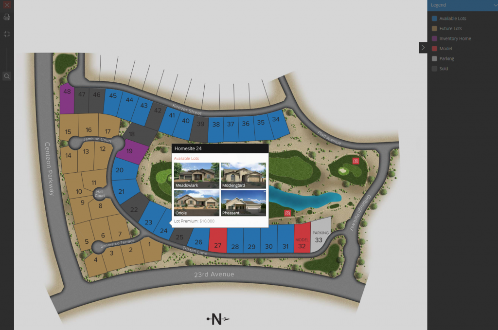 Colored Interactive Site Plan with pop up showing home renderings