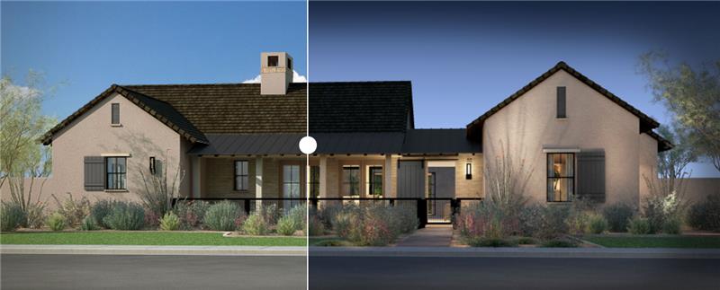 rendering of a house with a slider transitioning from daylight to sunset