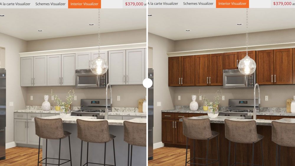 Side by side photos of the same kitchen with different colored cabinets, countertops and walls.  One with light grey cabinets, the other medium brown.