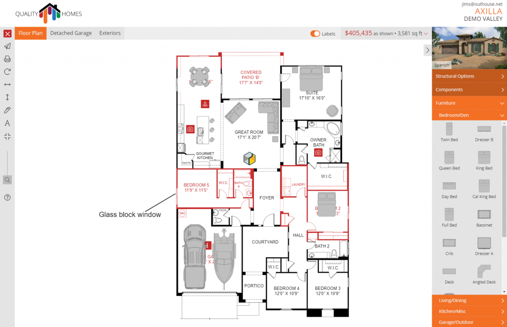 Interactive floor plan showing selected structural options, furniture layout, exterior elevation thumbnail