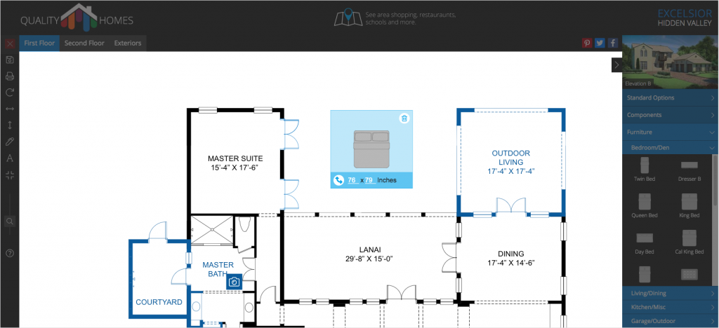 Detail of furniture placement tool showing bed inside in a blue box. The box makes it easier to move small items that makes items easy to move