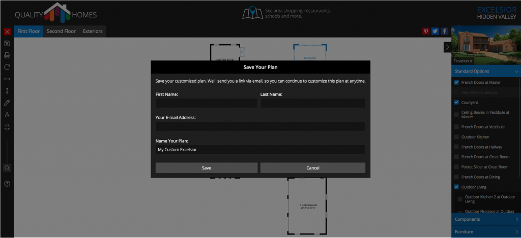 Close-up of save your plan box to have plan sent to buyer and and contact info and plan sent to builder