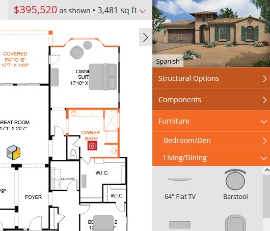 Close up of options pricing tool, exterior elevation preview, and tabs for furniture and electrical component selection