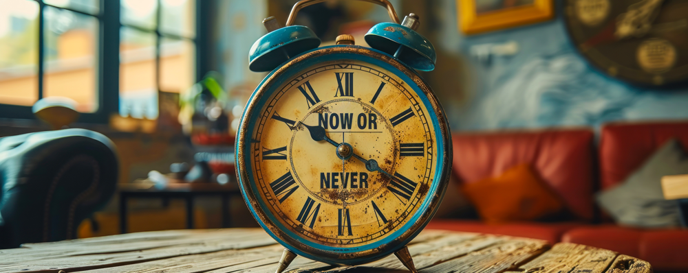 Close-up of a clock face with 'NOW OR NEVER' slogan emphasizing urgency and the importance of timely action in a high-stakes moment