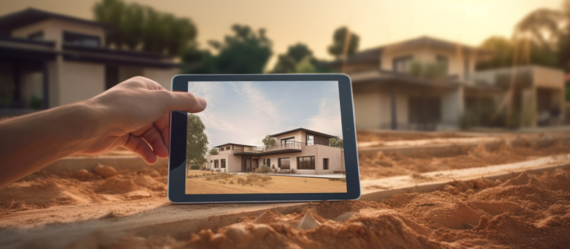 close up architect showing new house project with tablet, empty land plot background generated by AI for Adobe Stock