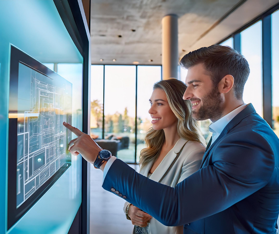 Adobe AI generated couple interacting with a Sales Kiosk.

