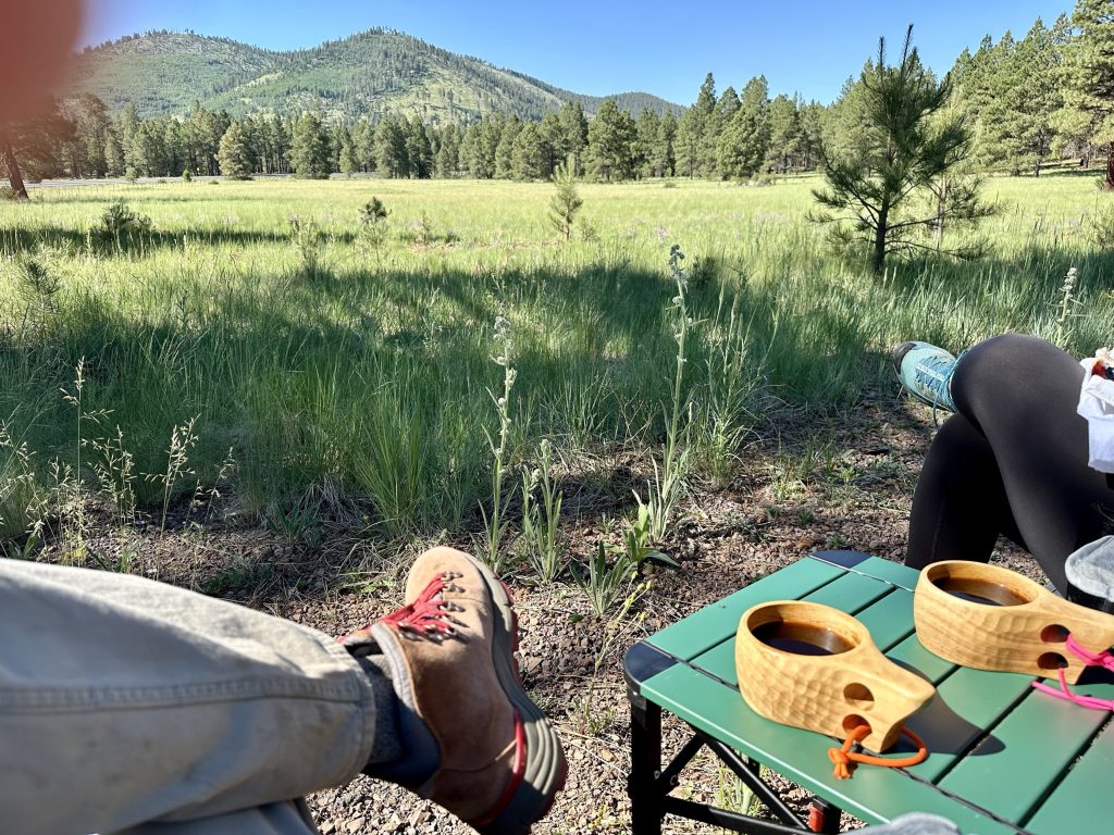 Legs and shoes next to small pistachio-colored camp table with a pair of hand carved coffee mugs. View of mountains across a field.