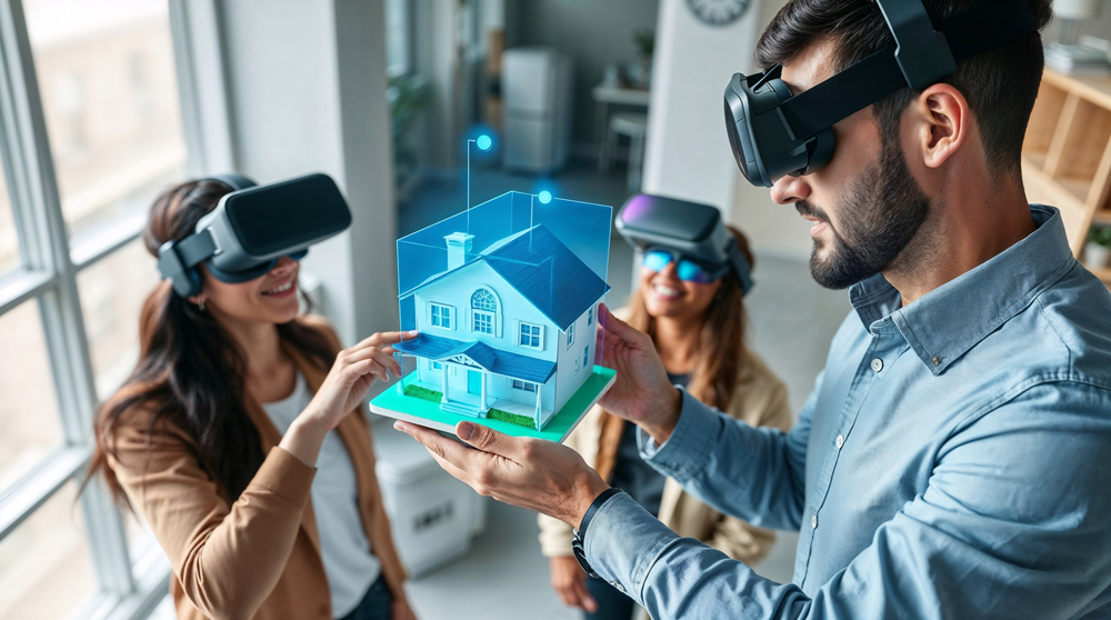 Buyers smiling as they interact with a virtual control panel.